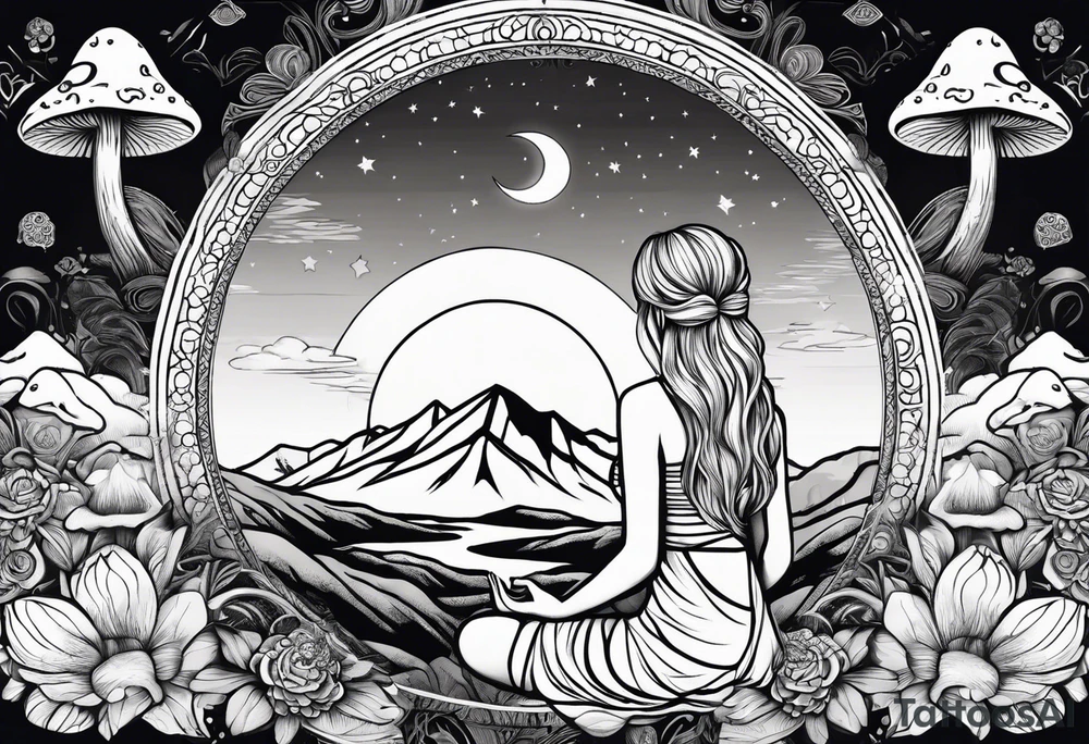 Straight blonde hair girl meditating facing away toward mountains surrounded by mushrooms crescent moon mandala circular design black and white striped dress tattoo idea