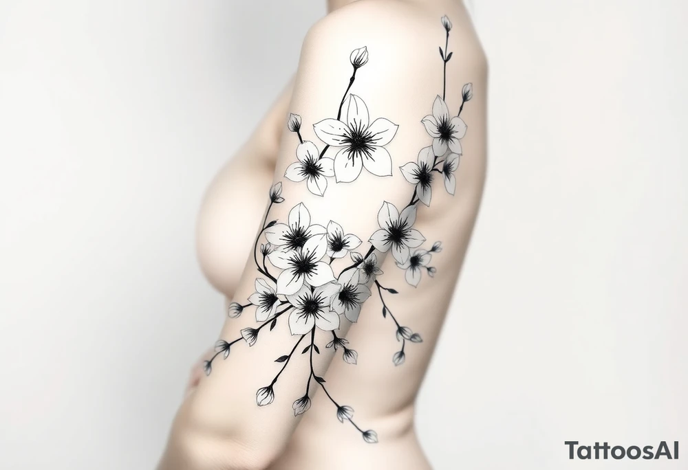 delicate cherry blossoms swirling in spring breeze with petals tattoo idea