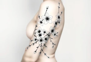 delicate cherry blossoms swirling in spring breeze with petals tattoo idea