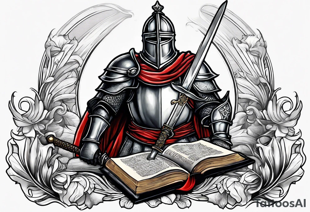a knight pulling a sword out of an open bible tattoo idea