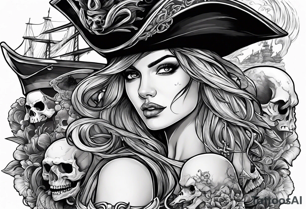 sexy female pirates with a group of skull pirates and a sea monster tattoo idea