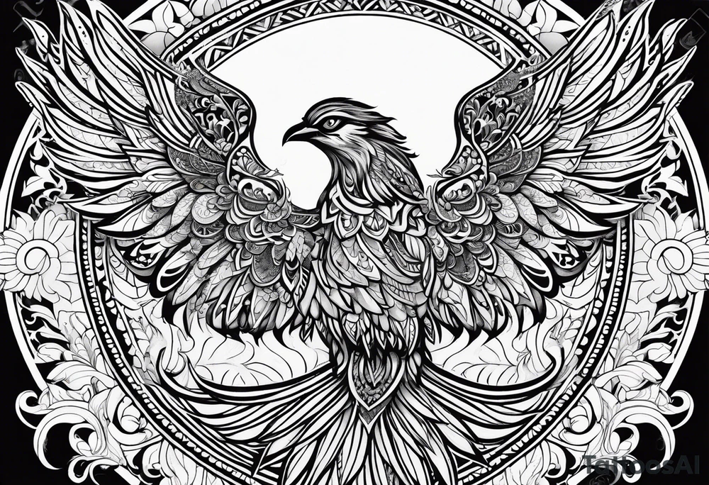 Tribal bohemian feminine impowering Phoenix rising with smoke, mandala sun, floral, lace background tattoo idea