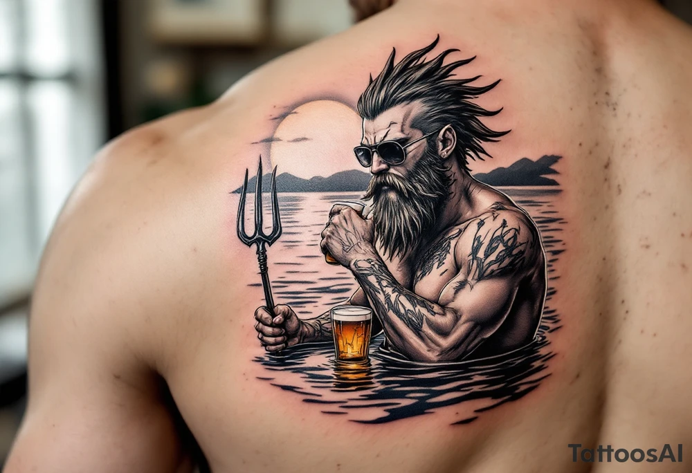 young, happy, fit, short hair, poseidon in calm water, holding a trident, drinking a beer, with sunset, with ski boat, with sunglasses tattoo idea