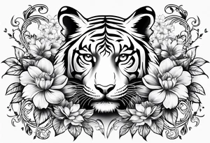 black and white feminine tiger tattoo with floral design and filigree, feminine tattoo idea