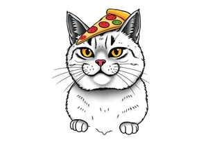 fat grey tabby cat portrait with pizza slice on its head tattoo idea