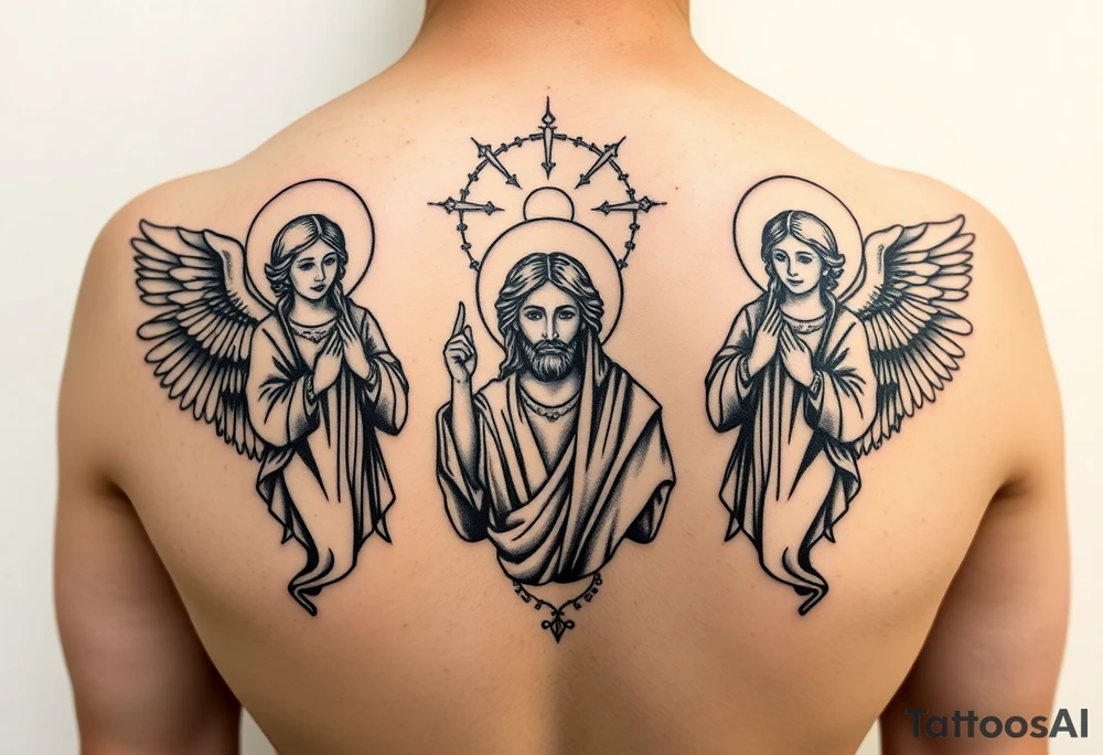 russian orthodox symmetrical guardian angel icon on left and right side of back with both angels holding up a jesus potrait tattoo idea