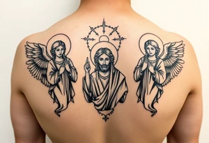 russian orthodox symmetrical guardian angel icon on left and right side of back with both angels holding up a jesus potrait tattoo idea