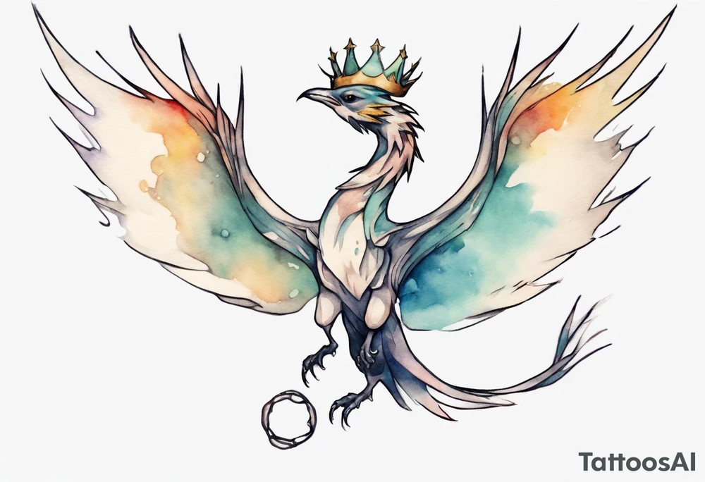 a bird-wyvern hybrid wearing a minimalist crown, flying tattoo idea