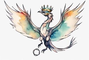 a bird-wyvern hybrid wearing a minimalist crown, flying tattoo idea