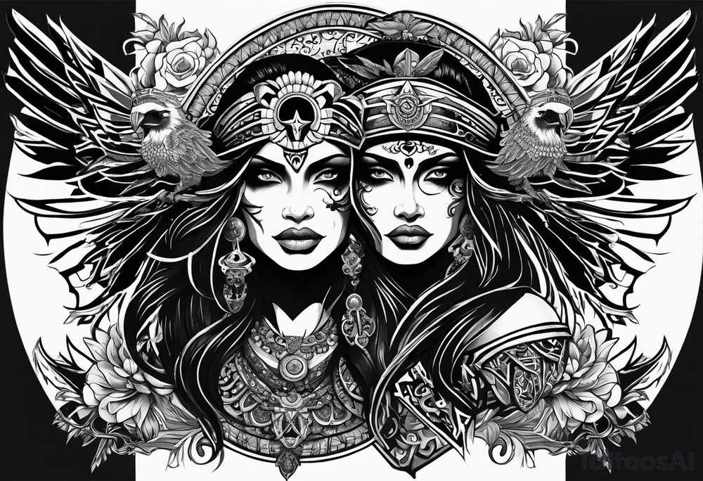 black kali, goddess pirate, pachamama, valkrye, warrior, skull, lotus azul, wing, eagle, zenza resonance, stars tattoo idea