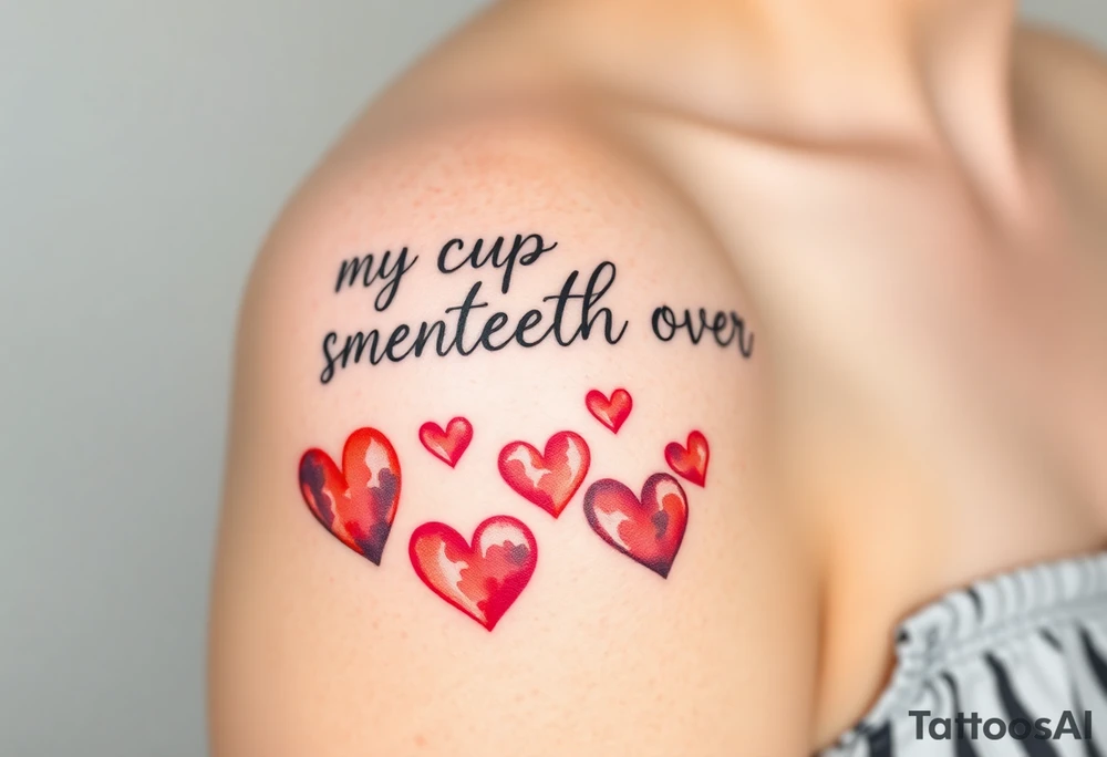 A representation of "my cup runneth over" with love on the shoulder cap with hearts cascading down the bicep tattoo idea