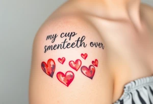 A representation of "my cup runneth over" with love on the shoulder cap with hearts cascading down the bicep tattoo idea