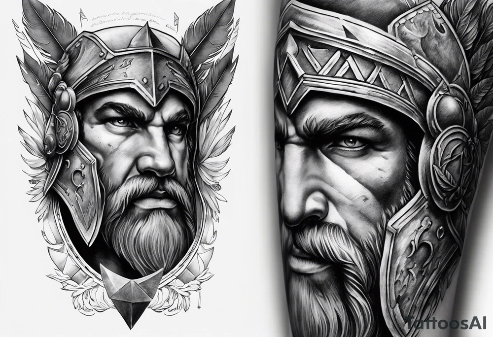 A half-leg sleeve starting on the knee. On the knee is a spartan helmet with an arrow going through it. At the point of the arrow is Mount Olympus being held up by Hercules. Under Hercules is the underworld with the sea of the dead. The space around Mount Olympus is filled with ancient Greek mythology. tattoo idea