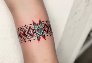 A navaho-inspired geometric band in red, turquoise, black, and white, wrapping around the arm. tattoo idea