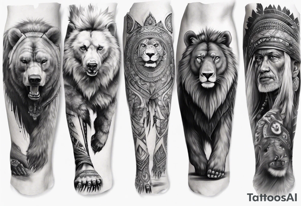 indian realistic leg sleeve, with both indian humans and a bear and maybe a lion tattoo idea
