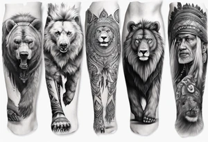 indian realistic leg sleeve, with both indian humans and a bear and maybe a lion tattoo idea