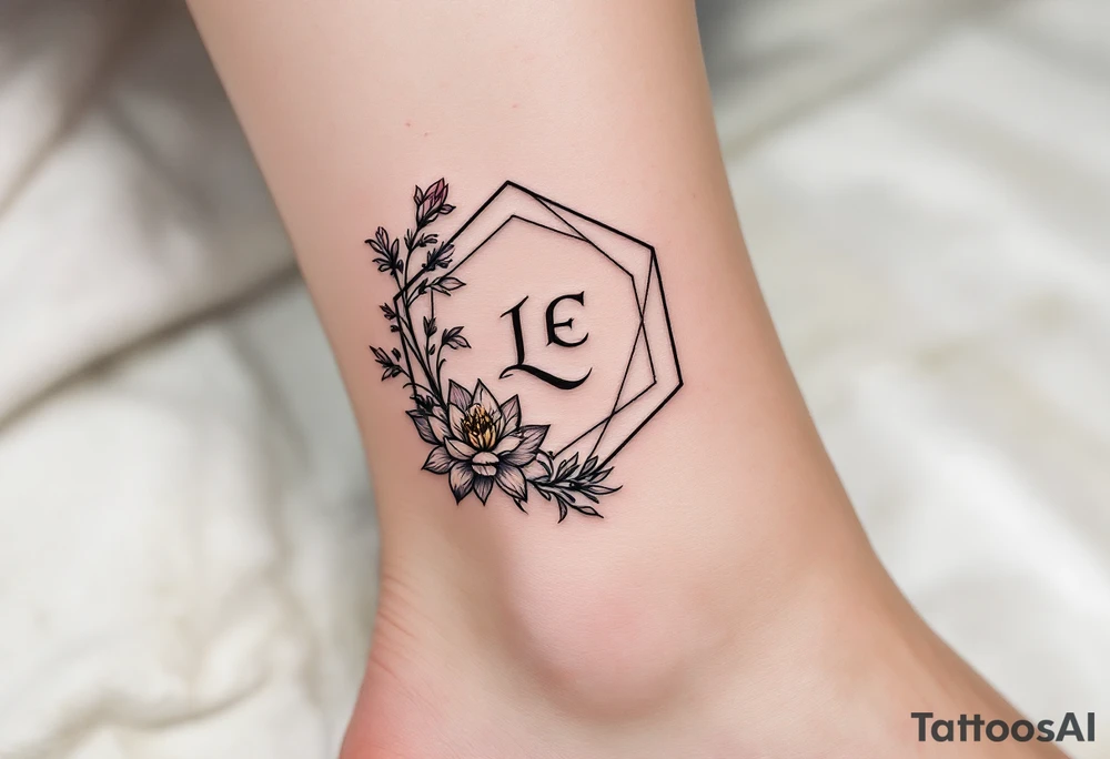 Leo symbol, larkspur and water lily surrounded by a hexagon tattoo idea