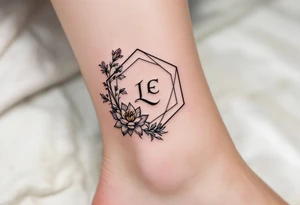 Leo symbol, larkspur and water lily surrounded by a hexagon tattoo idea