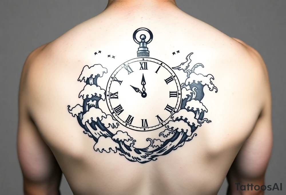Nautical theme clock surrounded by waves in Japanese style tattoo idea