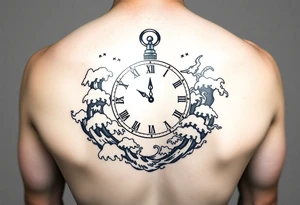 Nautical theme clock surrounded by waves in Japanese style tattoo idea