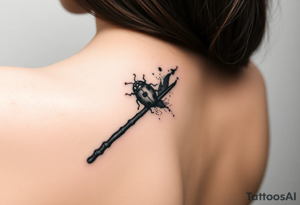 A ladybug getting out of hermione's magic wand like it was a spell. Magic dust all around the wand that looks almost smoky. I also want some small details around it that would make a piggyback on harry potter's movie like harry's glasses, a lightning, the golden snitch, etc... tattoo idea