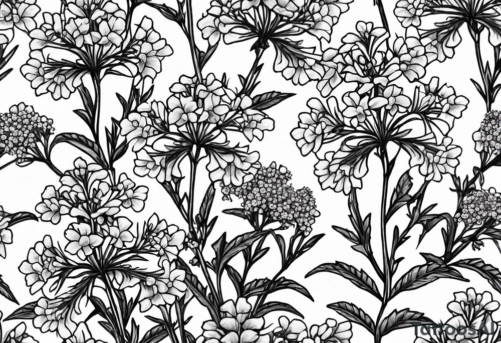 Generate a picture of Vervain (Verbena) flowers with small leaves around them. tattoo idea