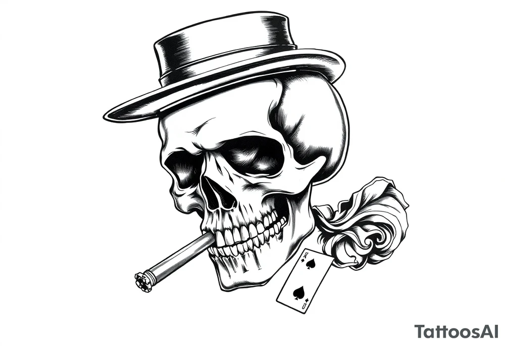 skull with top-hat,cigar in his mouth and playing cards. tattoo idea