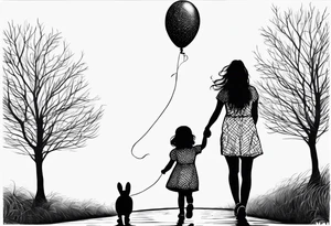 My daughter and I are walking with our backs turned, hopping. My daughter is holding a balloon, and she is 6 years old. I would also like her birthdate, January 12, 2019, to be written tattoo idea