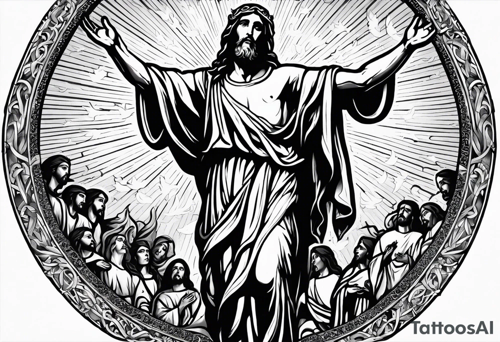 Ascension of crucified Jesus surrounded by angels and saints and sun rays. tattoo idea