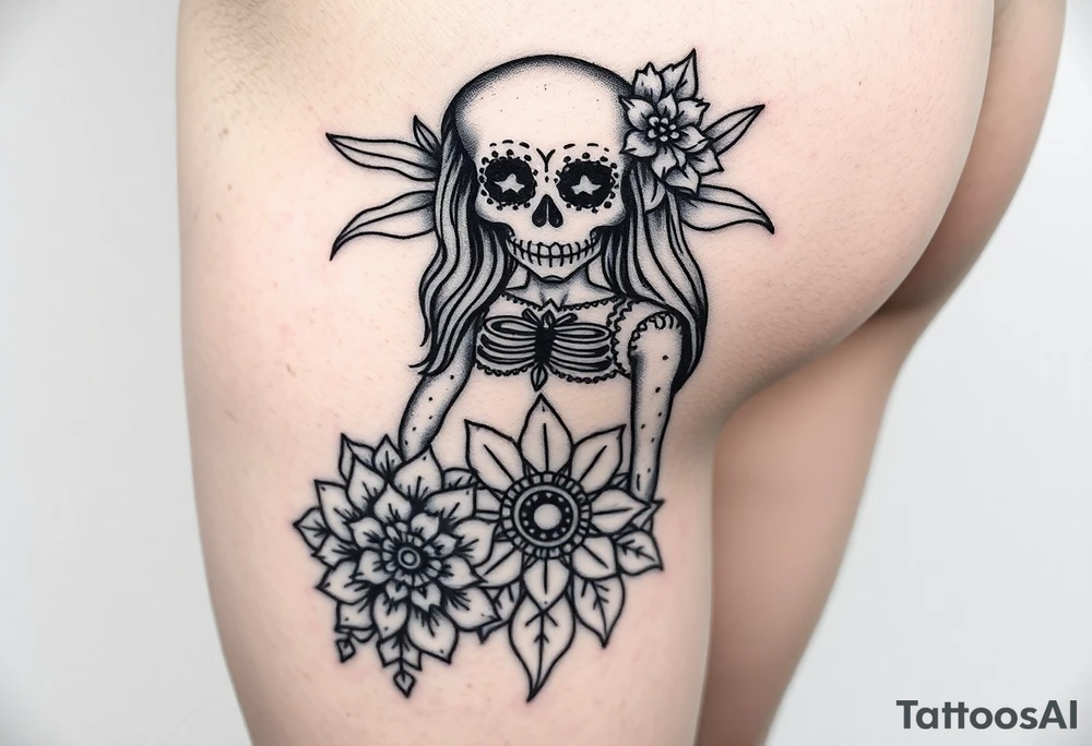 La Catrina in Chicano style on the thigh connected with a mandala on the knee tattoo idea