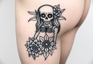 La Catrina in Chicano style on the thigh connected with a mandala on the knee tattoo idea
