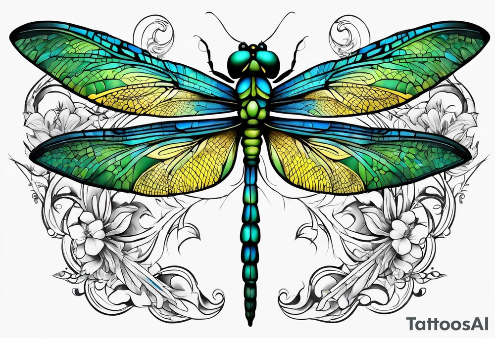 green blue and yellow dragonfly on a twig tattoo idea