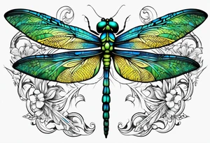 green blue and yellow dragonfly on a twig tattoo idea