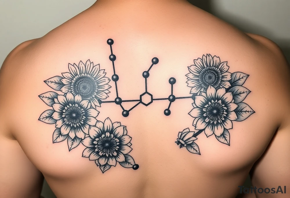 Dopamine molecule structure made from sunflowers, hexagons, and roses tattoo idea