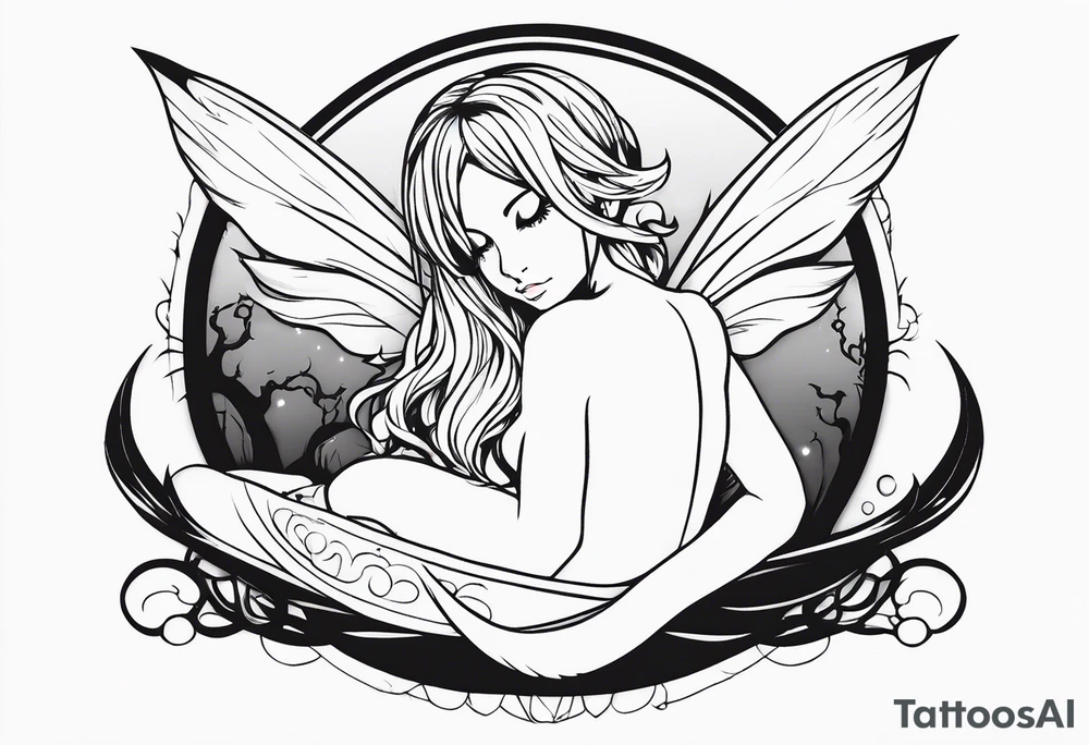 No color fairy with a tail inspired by the logo of the anime show called Fairy Tail in a fetal position leaning in and forward while sleeping tattoo idea