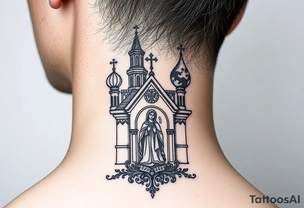 medium traditional russian orthodox church with a russian coat arms and virgin mary tattoo idea