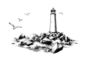 Lighthouse surrounded by a few boulders in the sea with high waves and seagulls flying around tattoo idea