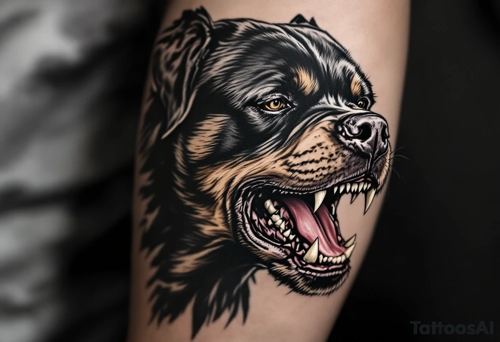 Black and Grey Rottweiler Snarl – A dramatic side profile of a Rottweiler mid-growl, in smooth black and grey realism. Emphasize the muscles, teeth, and intense expression. tattoo idea
