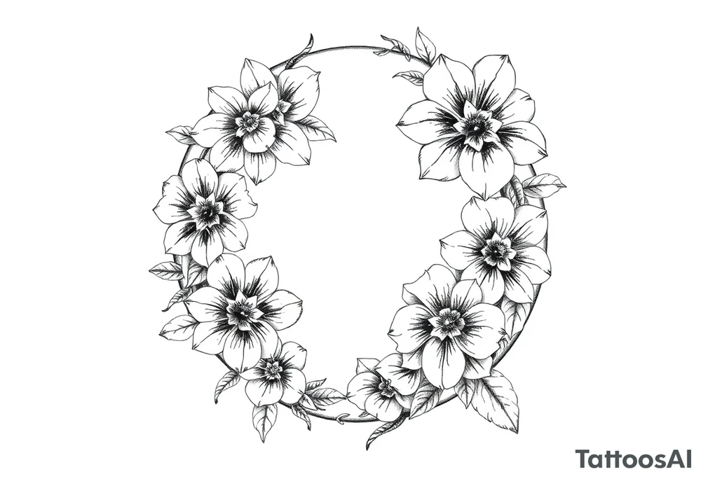 moon-shaped diferent flowers tattoo idea