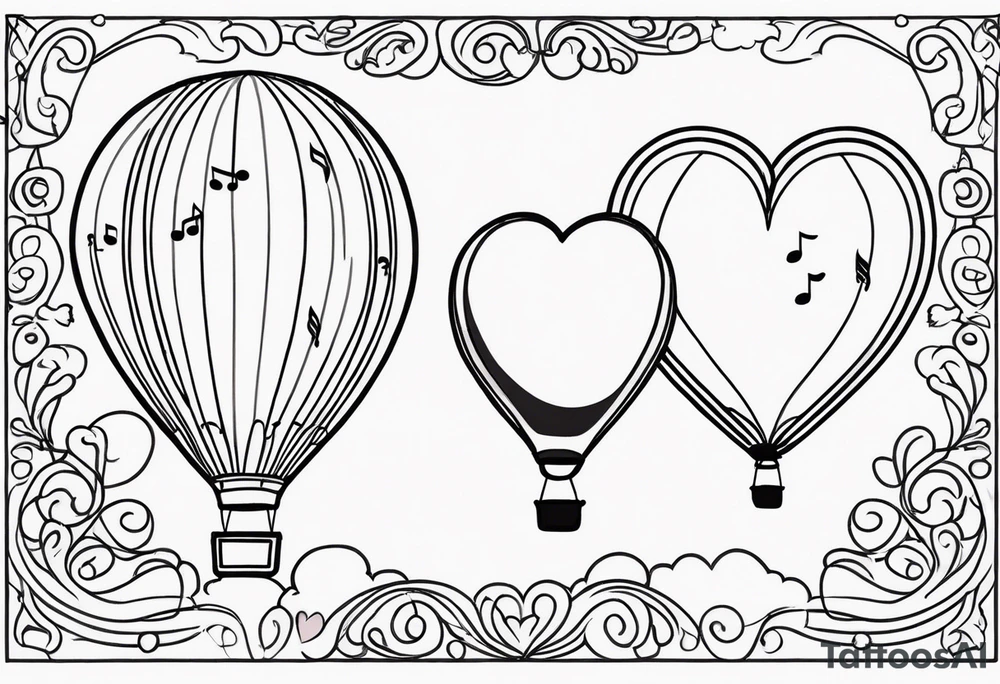 music notes and hearts with balloons and clouds tattoo idea