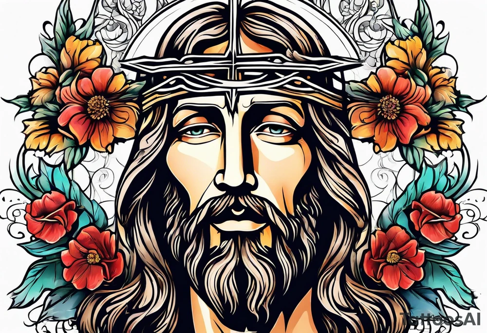 Jesus head with flowers and cross tattoo idea