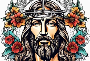 Jesus head with flowers and cross tattoo idea