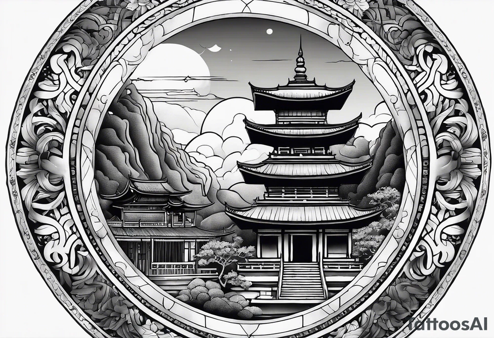 The back of a forearm including a old world map, a small Buddhist temple tattoo idea
