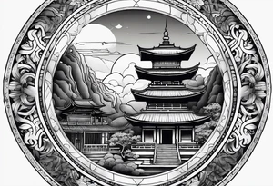 The back of a forearm including a old world map, a small Buddhist temple tattoo idea