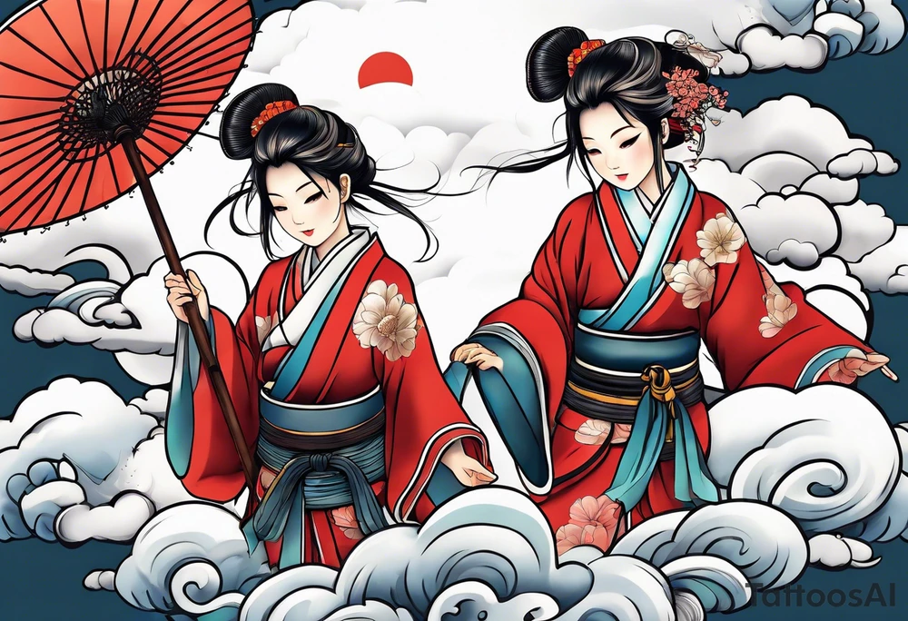 2 children playing together in japanese clouds tattoo idea