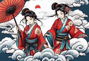2 children playing together in japanese clouds tattoo idea