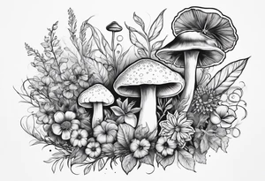 Flowers and mushroom and weeds tattoo idea