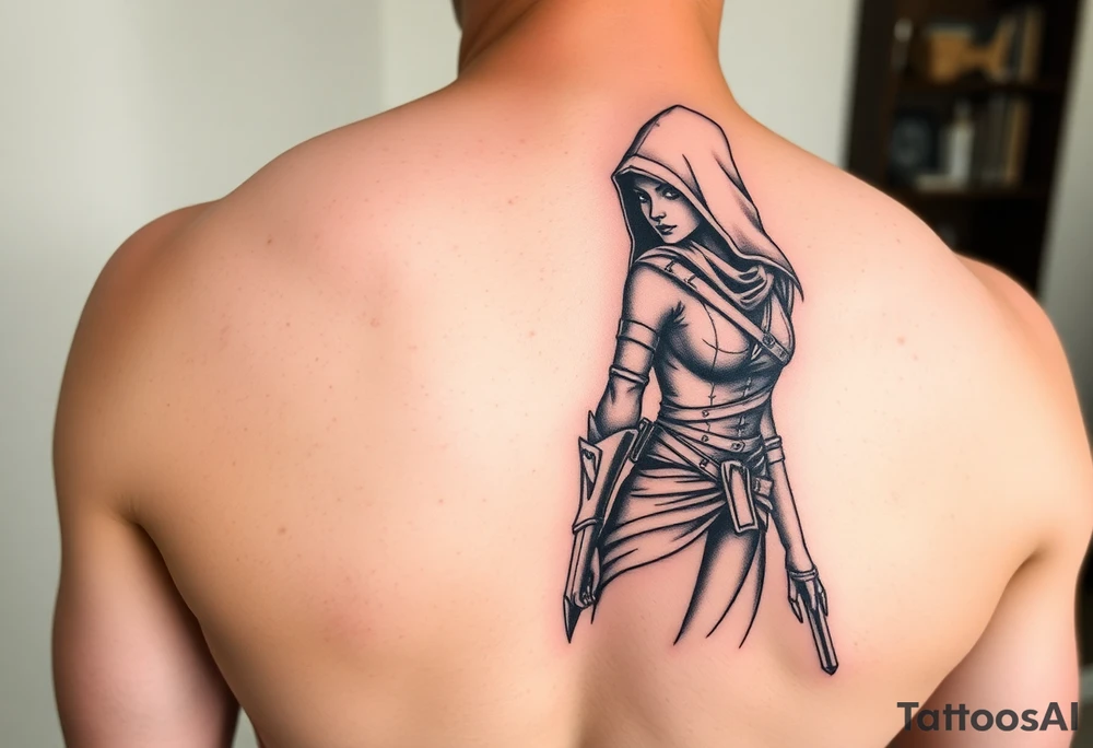 Assassin girl, standing from side tattoo idea