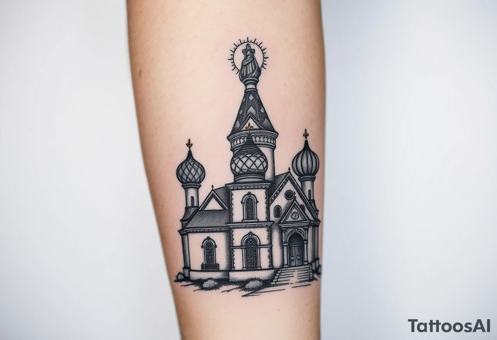 in a dorsal view a detailed medium sized country style russian orthodox church with onion domes and a band at the front with mist shrouding the top and fading into a virgin mary overlooking above at the top tattoo idea