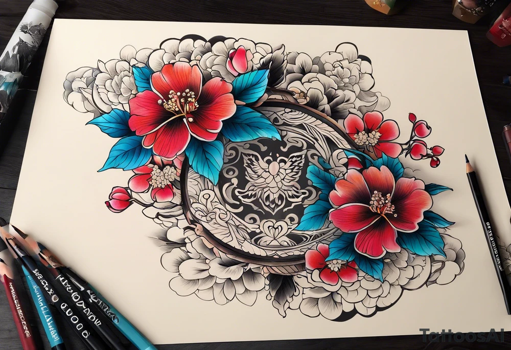 Композиция из цветов и бутонов пиона, ягод и листьев tattoo idea